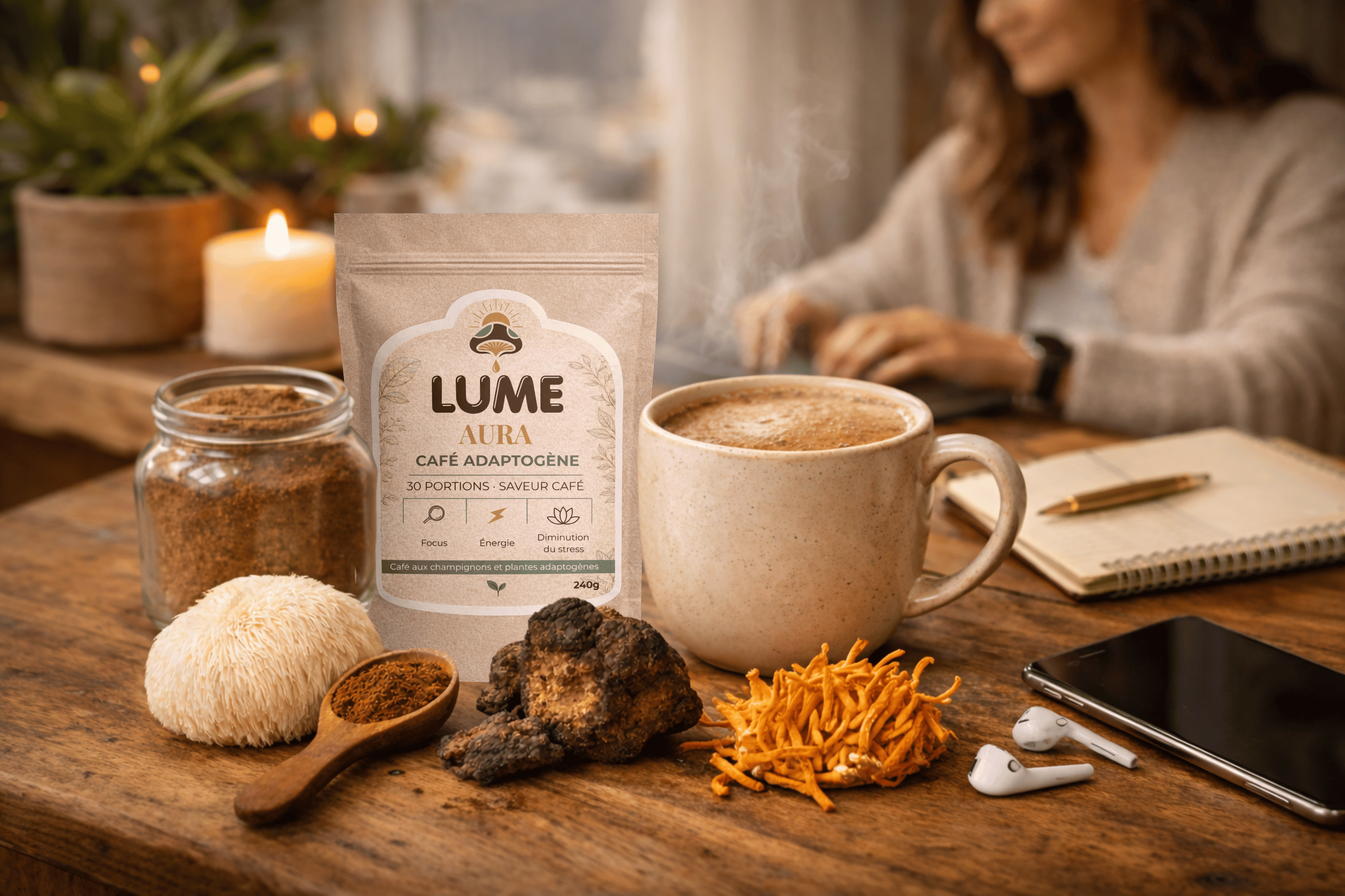 Café adaptogène LUME Aura aux champignons Lion’s Mane, Chaga et Cordyceps, tasse de café fumante sur table en bois avec ingrédients naturels, rituel bien-être pour énergie stable, focus et réduction du stress.