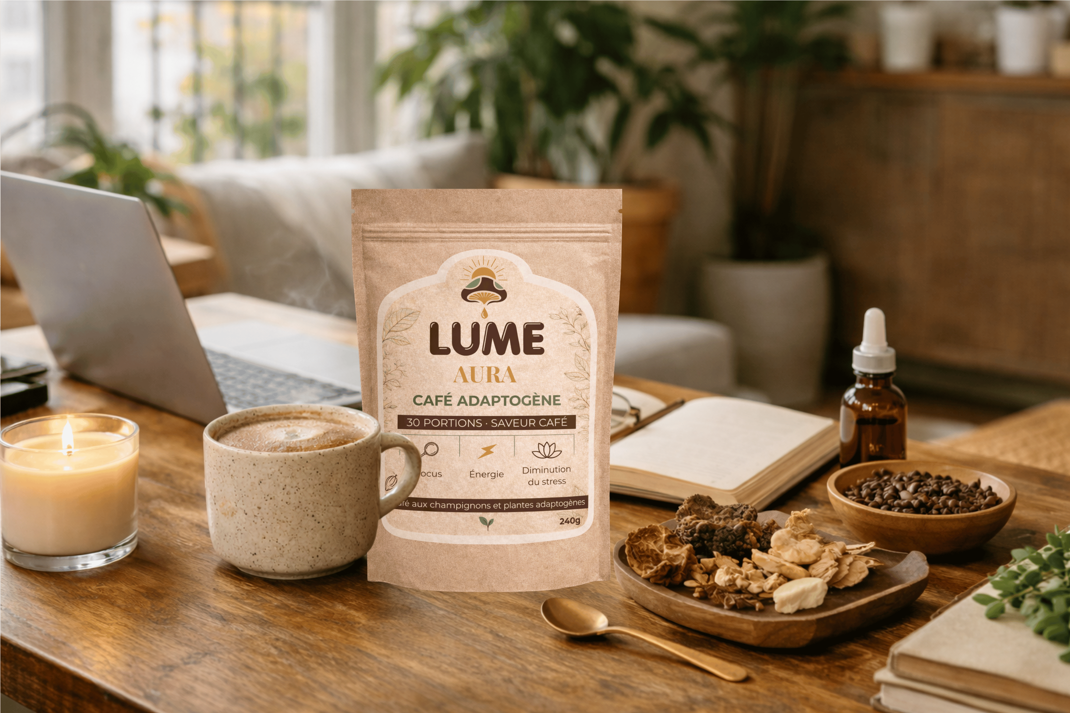 Espace de travail lumineux avec tasse de café chaud, carnet ouvert, ordinateur portable et ingrédients naturels adaptogènes sur une table en bois, ambiance bien-être, focus et énergie douce.