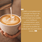 Avis client sur le café adaptogène LUME, latte crémeux avec énergie plus stable, meilleure concentration sans nervosité.