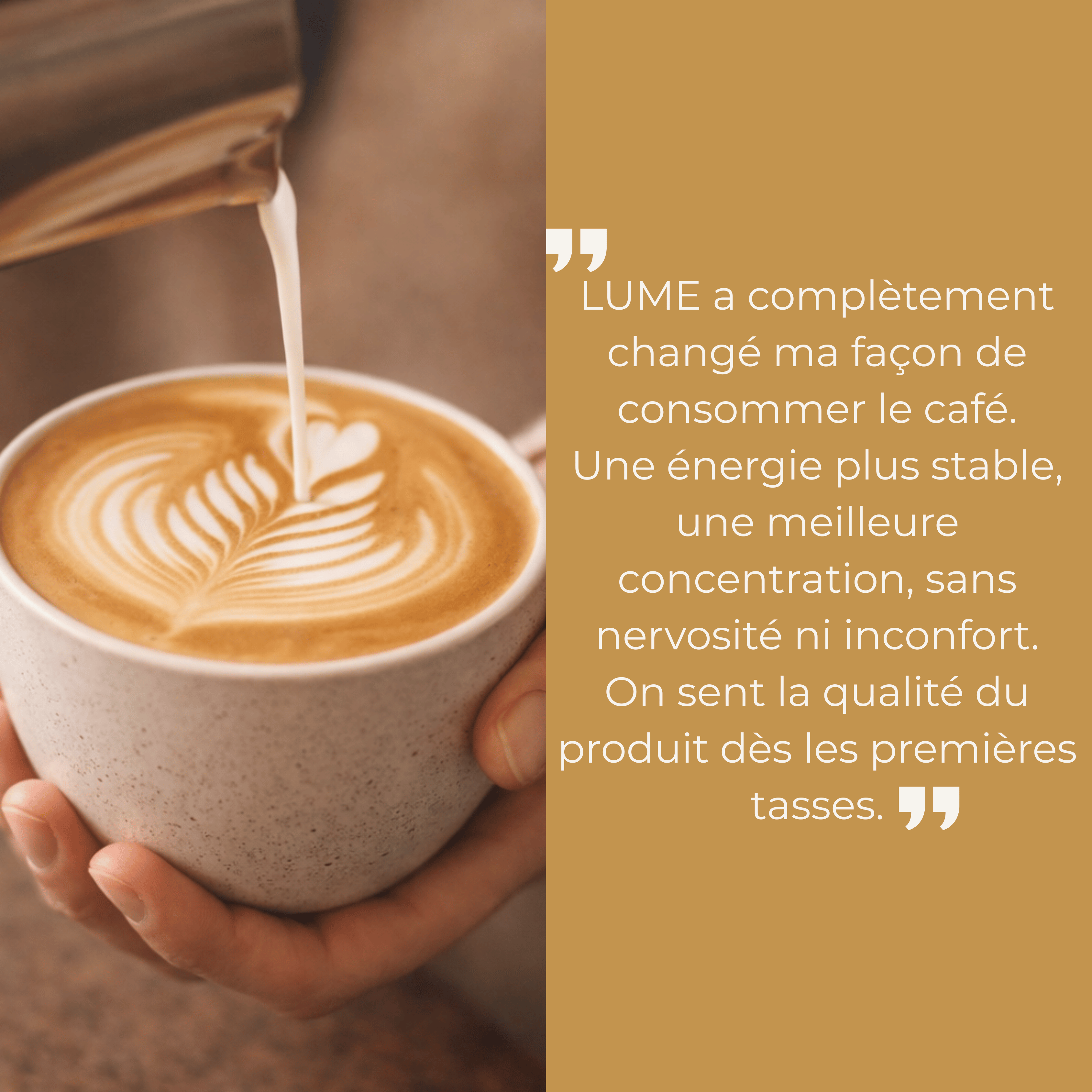 Avis client sur le café adaptogène LUME, latte crémeux avec énergie plus stable, meilleure concentration sans nervosité.