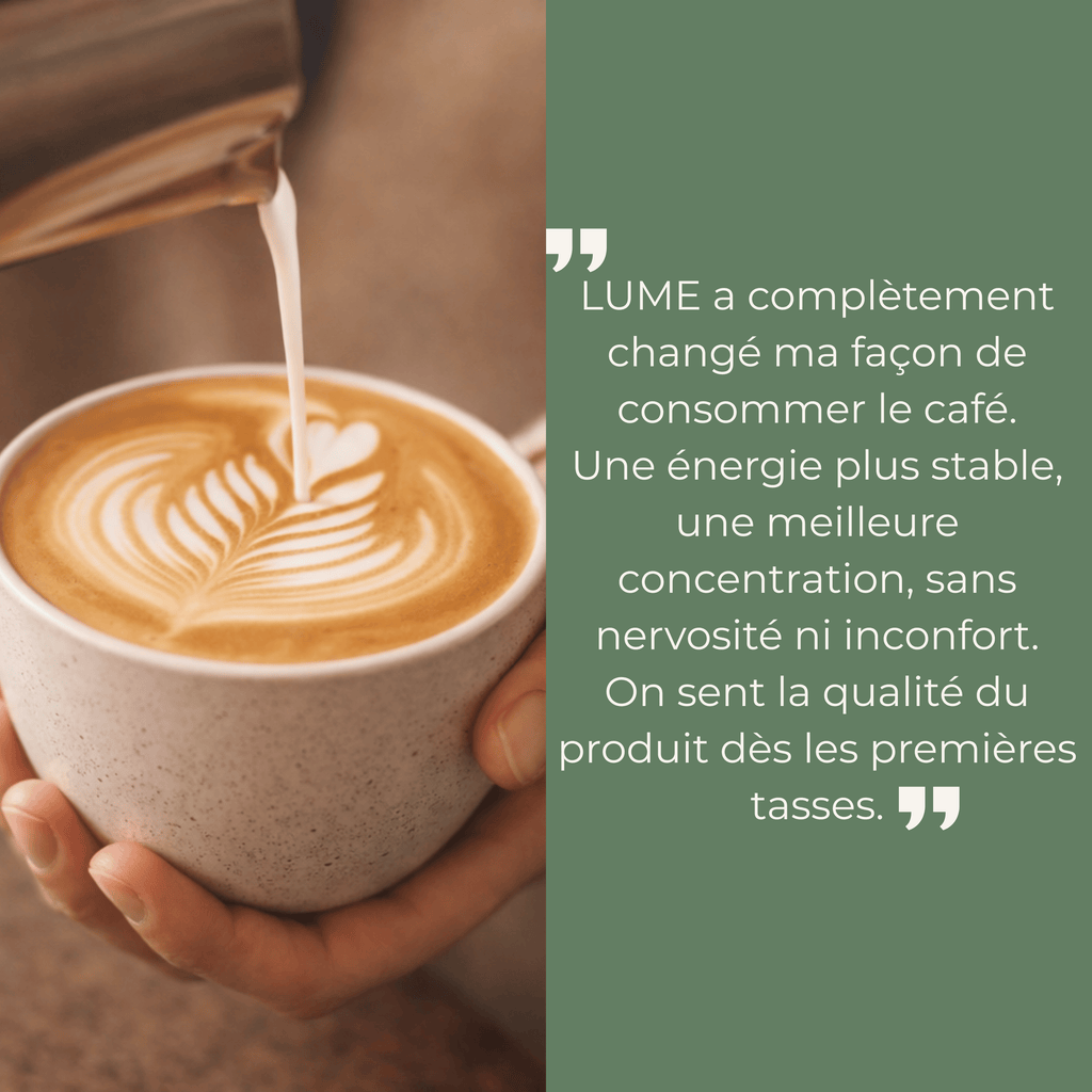 Avis client sur le café adaptogène LUME, latte crémeux avec énergie plus stable, meilleure concentration sans nervosité.