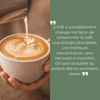 Avis client sur le café adaptogène LUME, latte crémeux avec énergie plus stable, meilleure concentration sans nervosité.