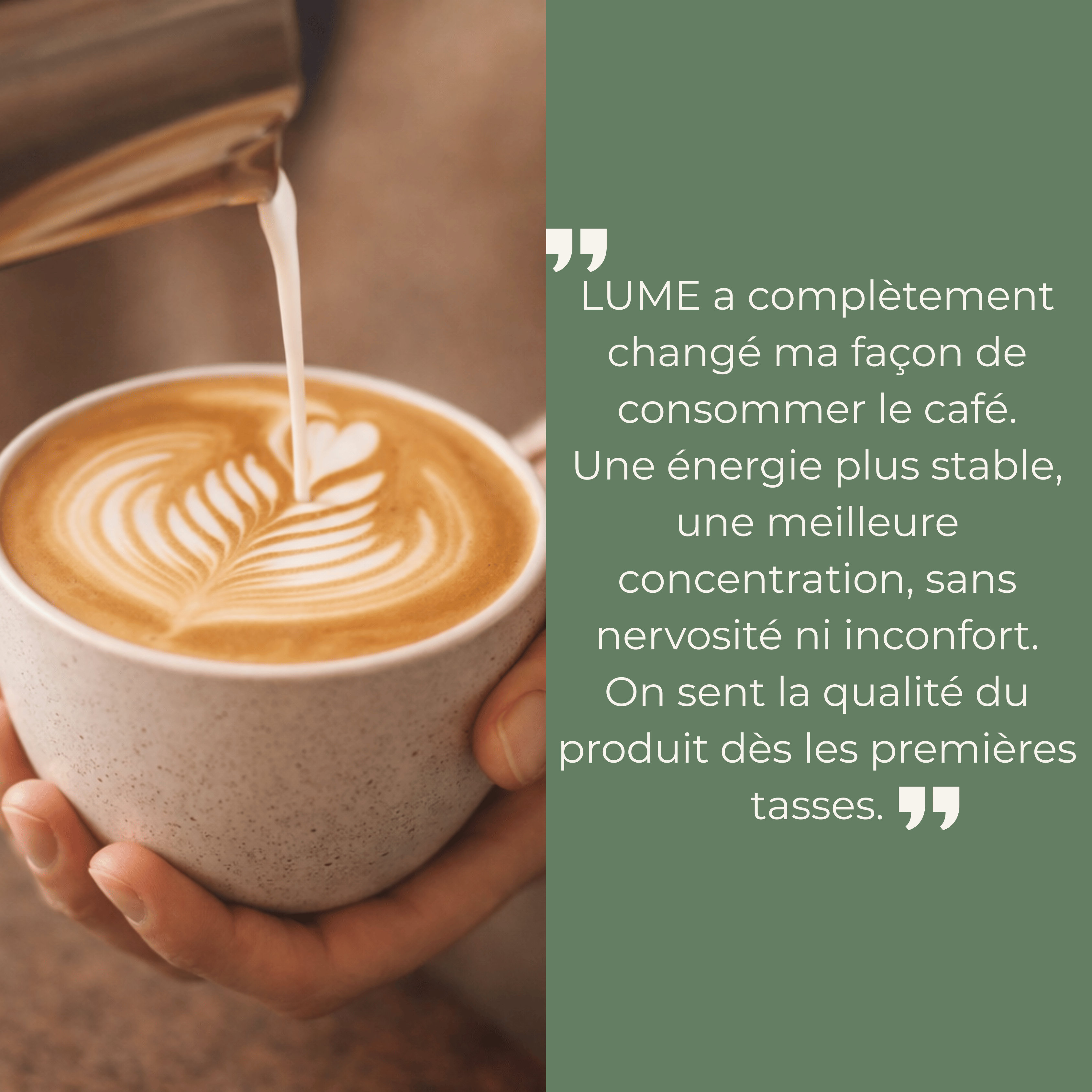Avis client sur le café adaptogène LUME, latte crémeux avec énergie plus stable, meilleure concentration sans nervosité.