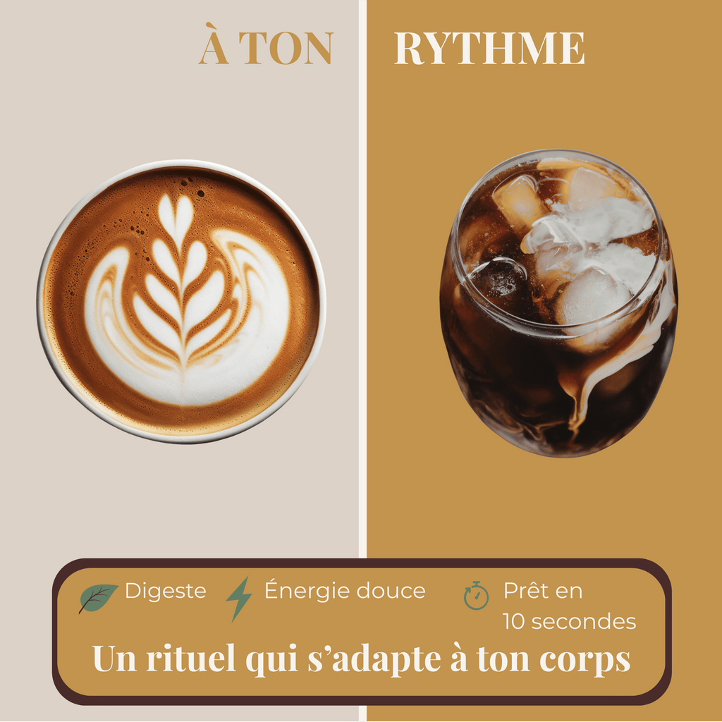 Café adaptogène LUME chaud ou glacé, rituel bien-être à ton rythme avec énergie douce, digestion facile et préparation rapide.