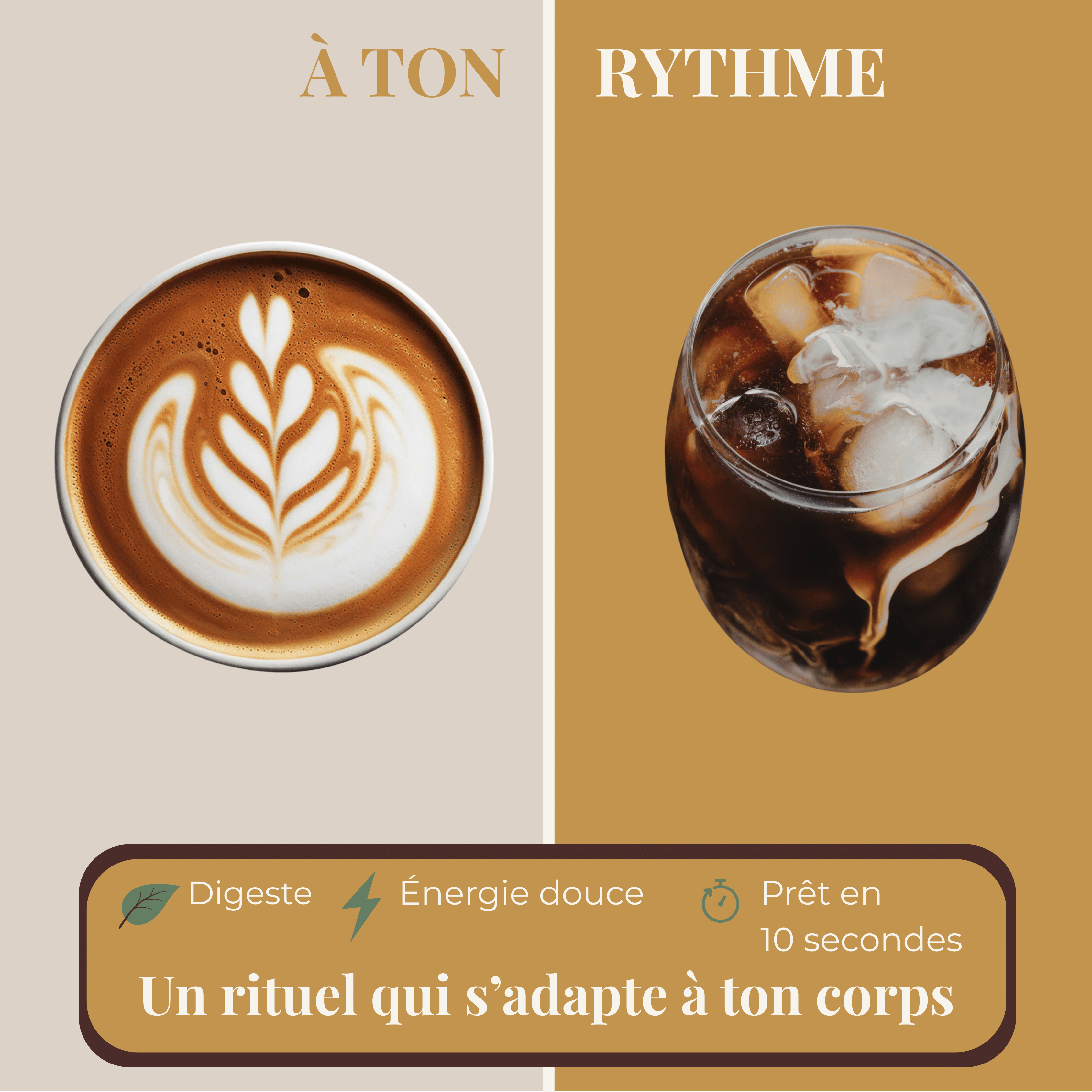 Café adaptogène LUME chaud ou glacé, rituel bien-être à ton rythme avec énergie douce, digestion facile et préparation rapide.