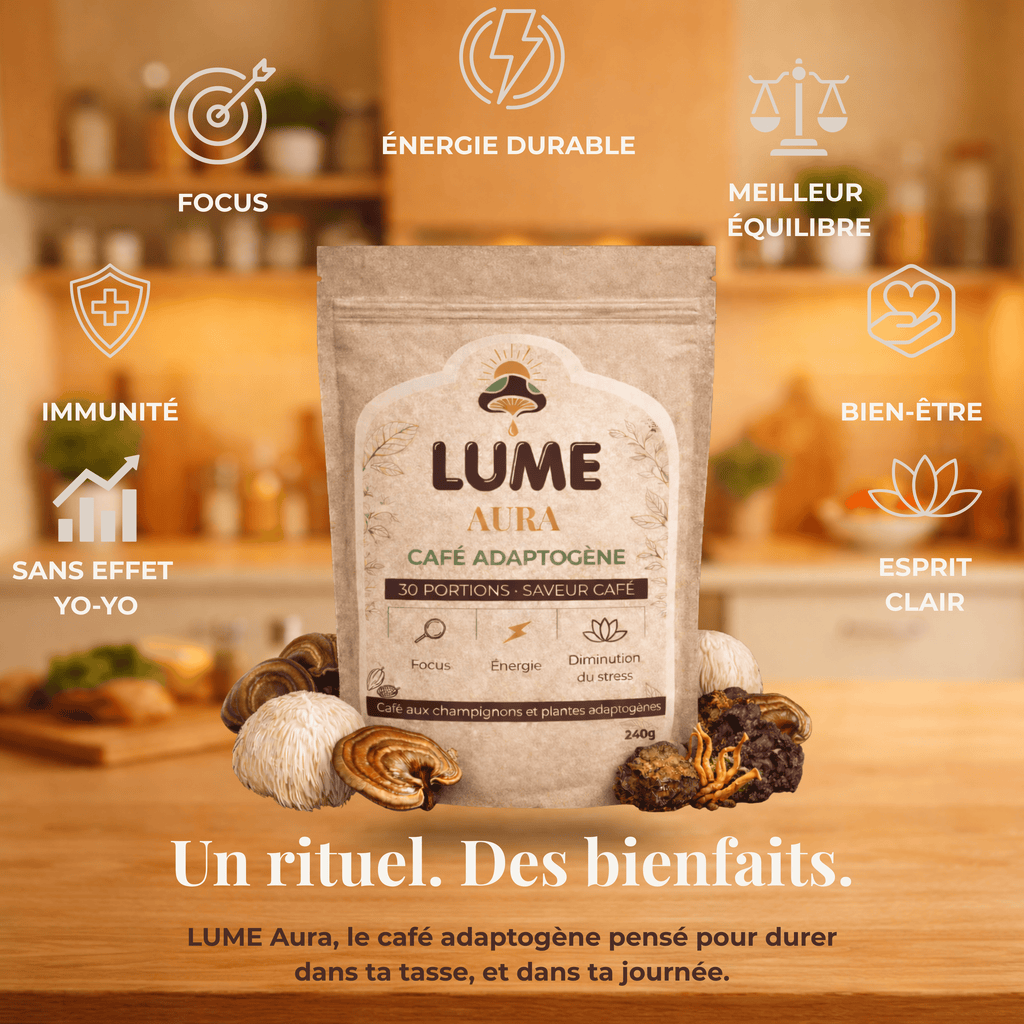 Café adaptogène LUME Aura avec champignons, bénéfices focus, énergie durable, équilibre et bien-être naturel.