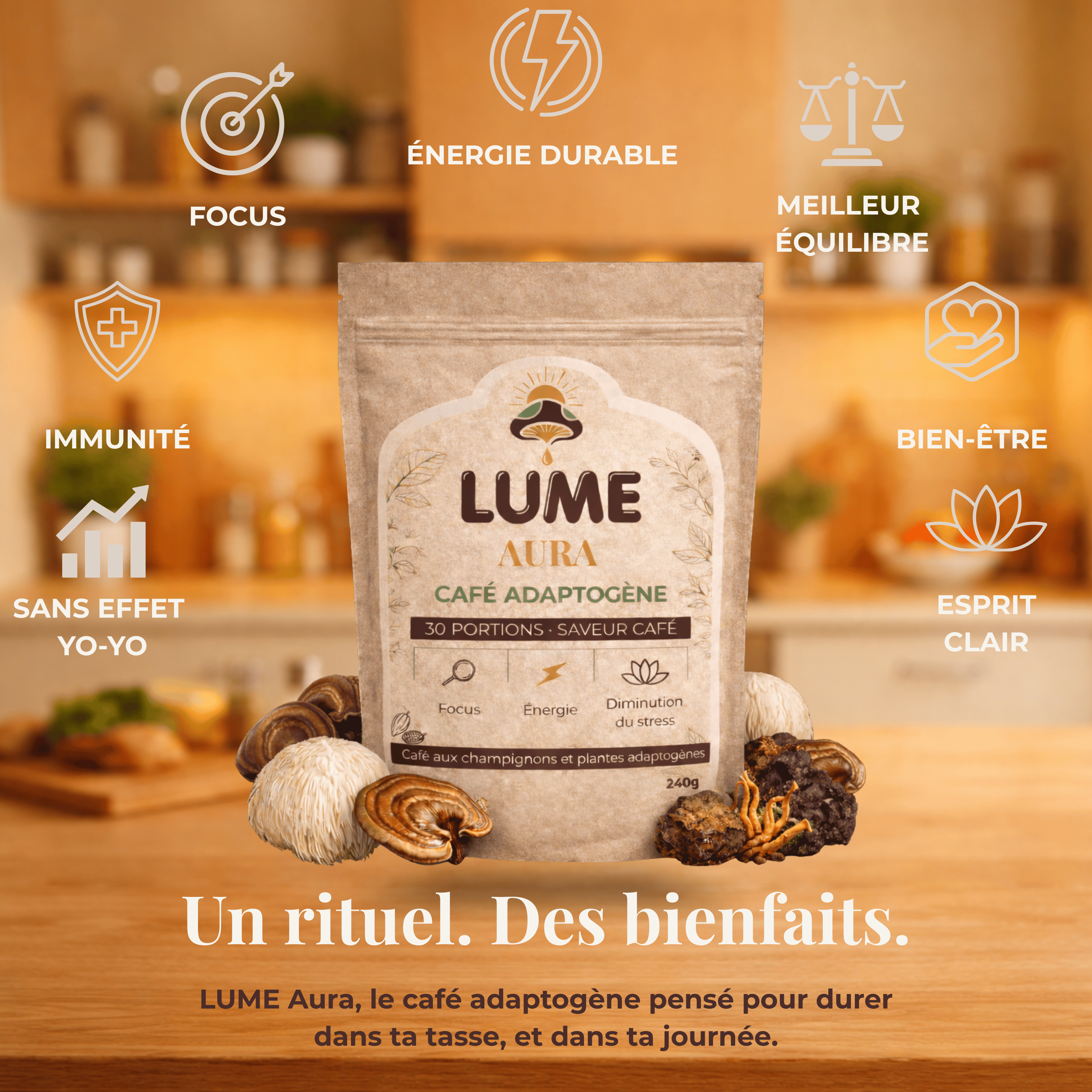 Café adaptogène LUME Aura avec champignons, bénéfices focus, énergie durable, équilibre et bien-être naturel.