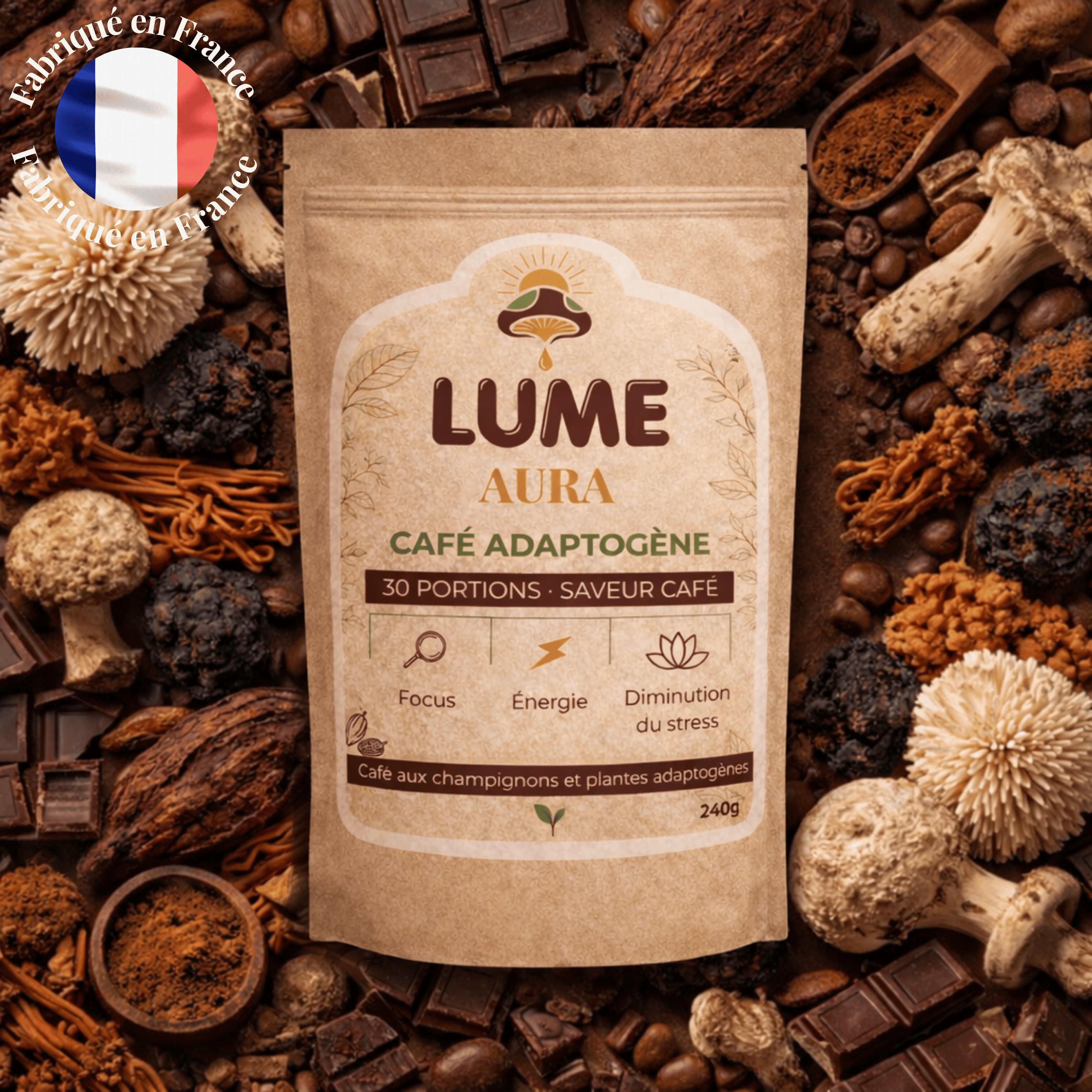 Café adaptogène LUME Aura goût cacao, sachet entouré de champignons adaptogènes et cacao, pour énergie et focus.