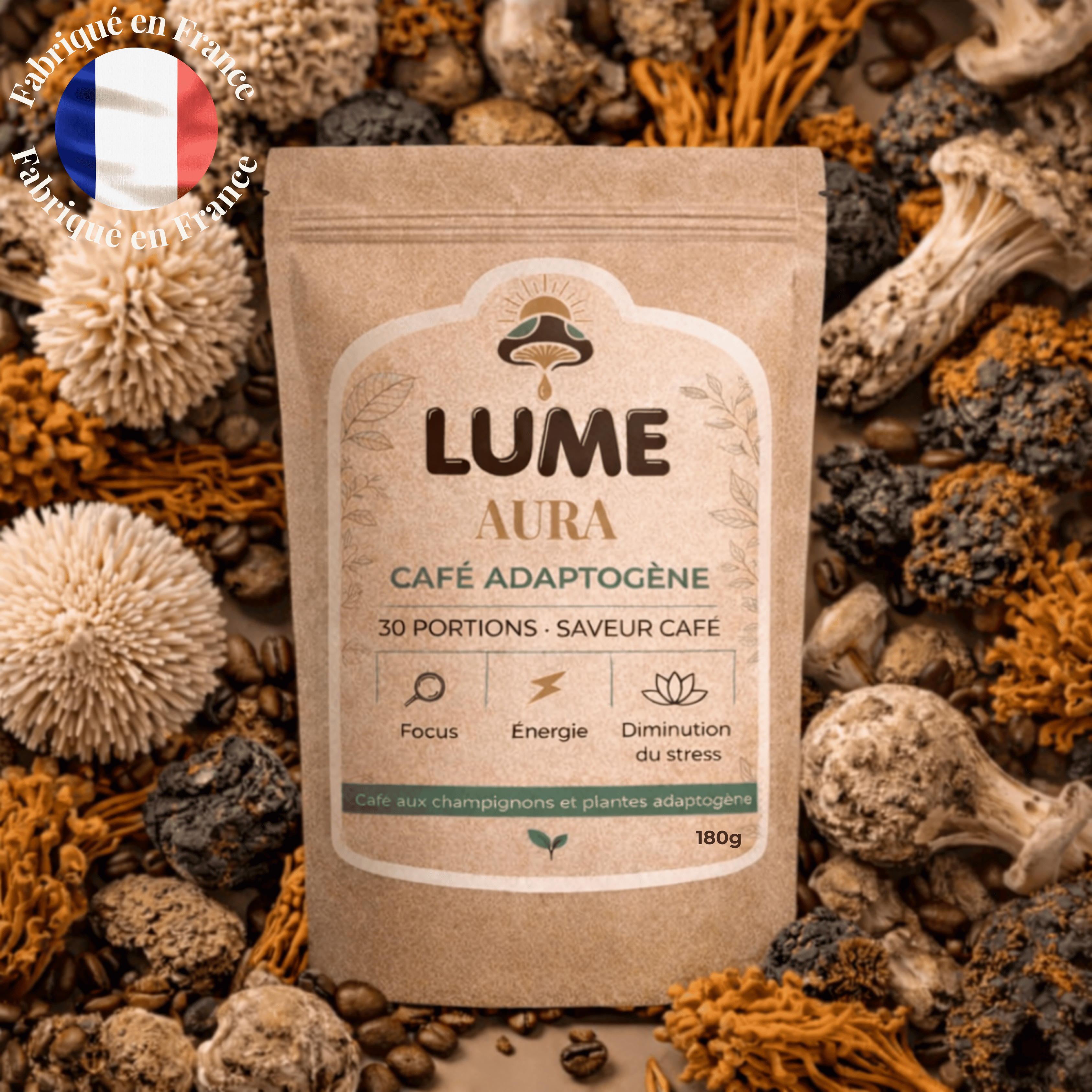 Sachet de café adaptogène LUME Aura entouré de champignons Lion’s Mane, Chaga et Cordyceps, énergie naturelle et focus sans stress.