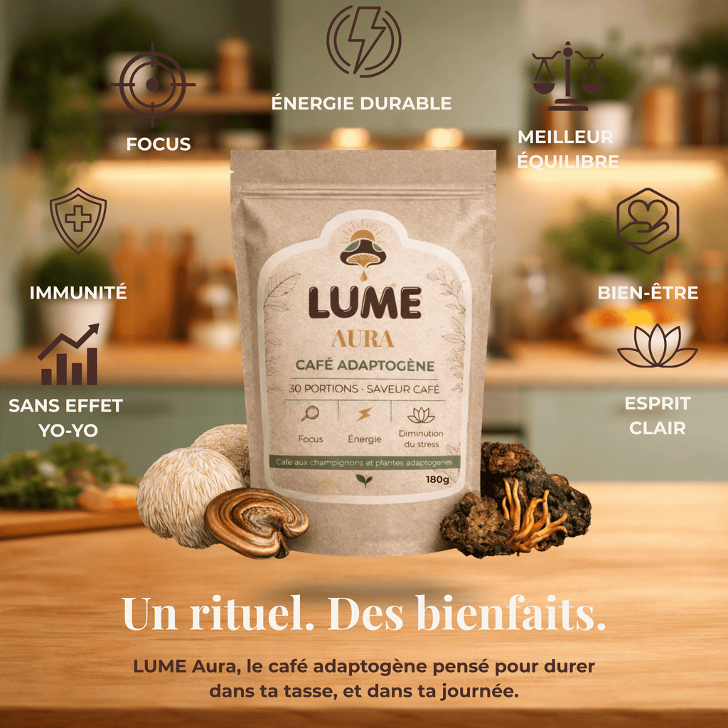 Café adaptogène LUME Aura avec champignons Lion’s Mane, Chaga et Cordyceps, focus, énergie durable, équilibre et bien-être naturel.