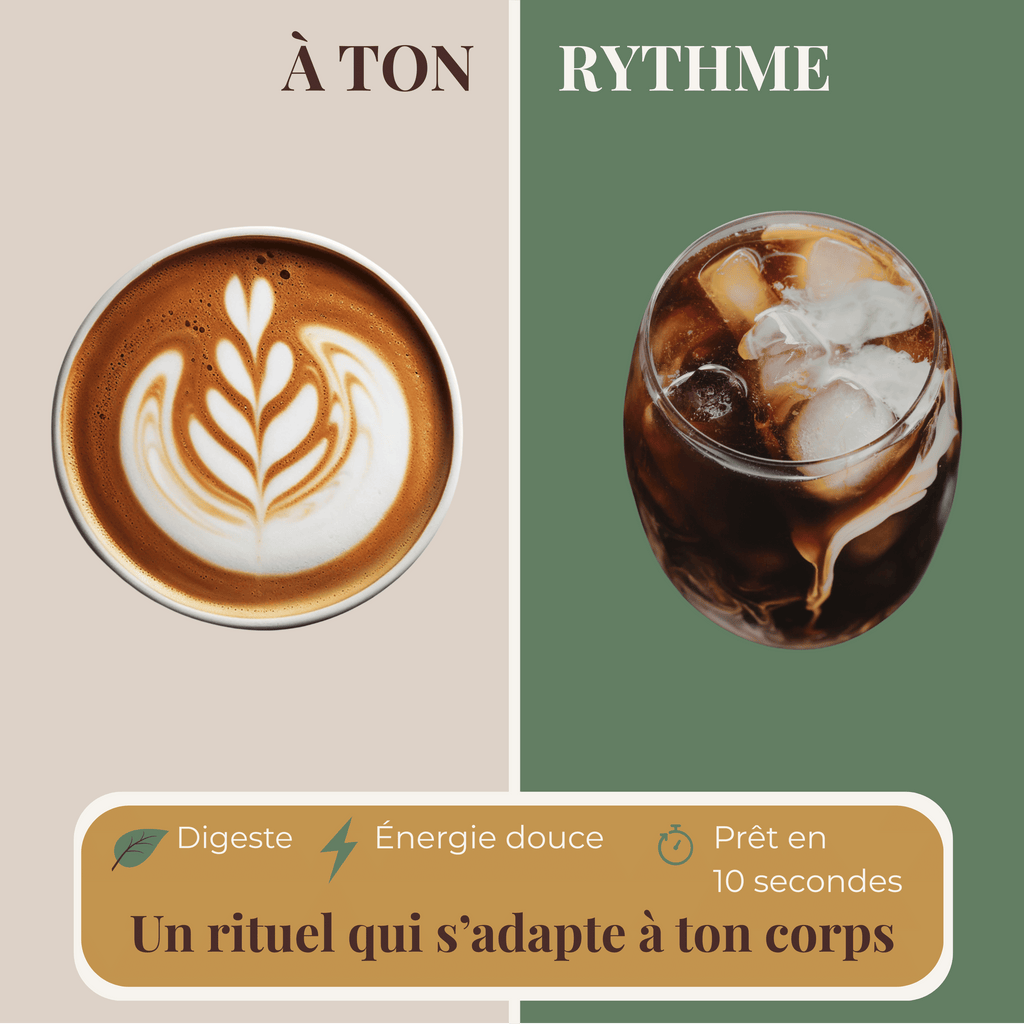 Café adaptogène LUME chaud ou glacé, rituel bien-être à ton rythme, énergie douce, digestion facile et prêt en 10 secondes.