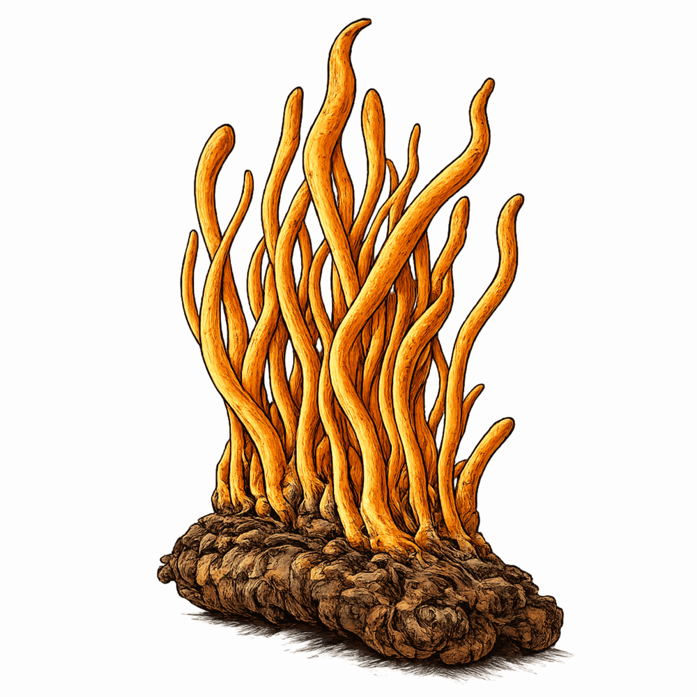 Champignon Cordyceps, ingrédient adaptogène naturel utilisé pour l’énergie et la vitalité.