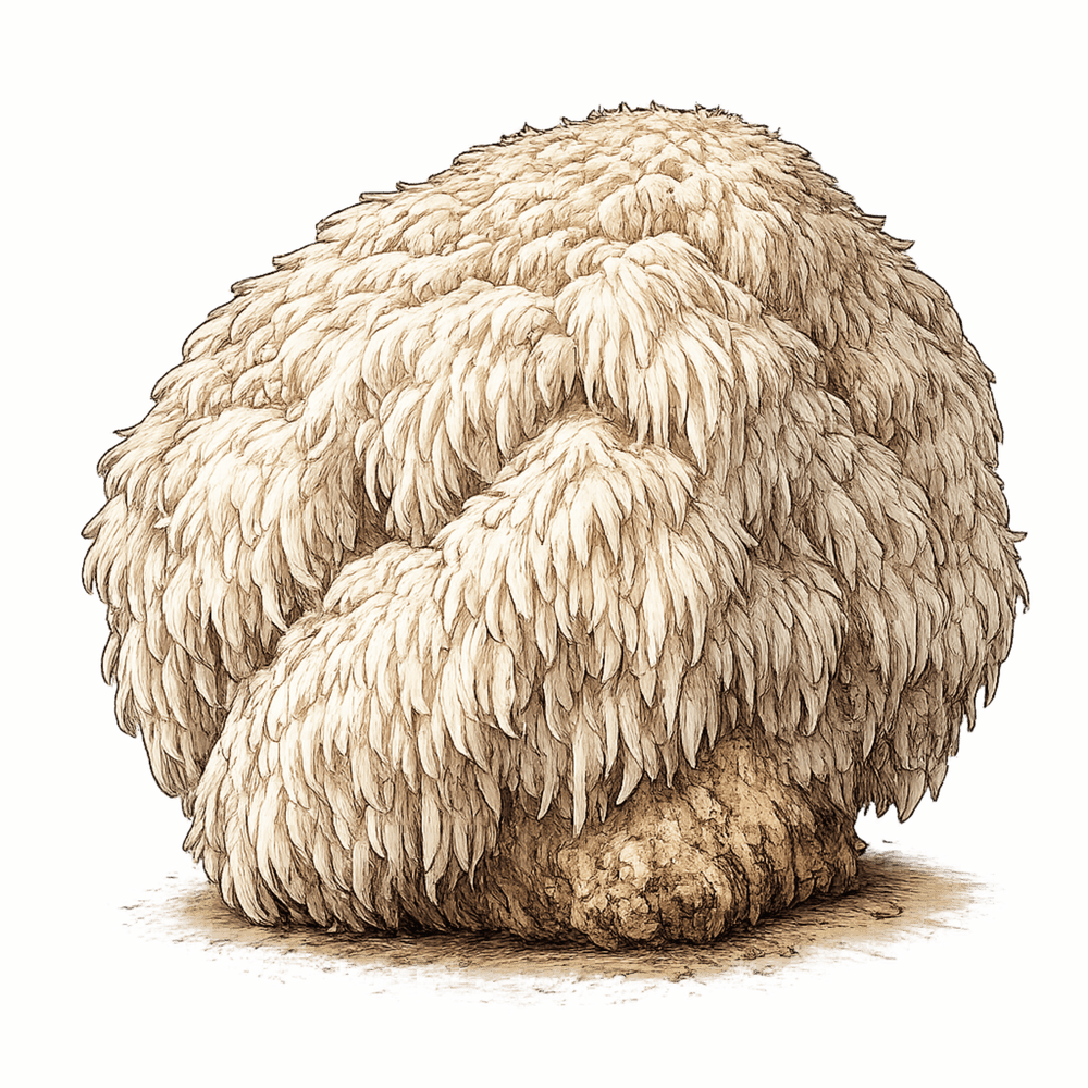 Champignon Lion’s Mane (crinière de lion), ingrédient adaptogène naturel associé au focus et à la clarté mentale.