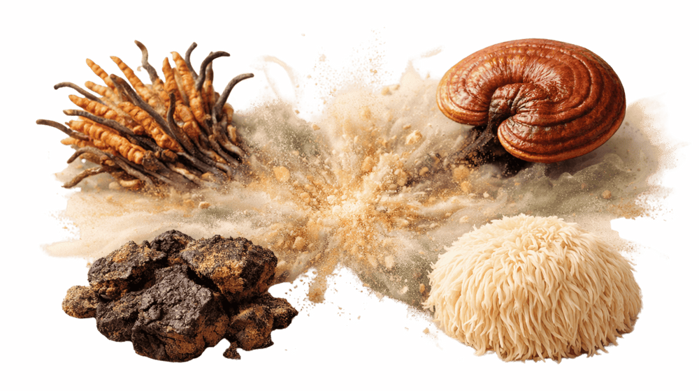 Champignons adaptogènes Cordyceps, Reishi, Chaga et Lion’s Mane, ingrédients naturels pour énergie, focus et équilibre.