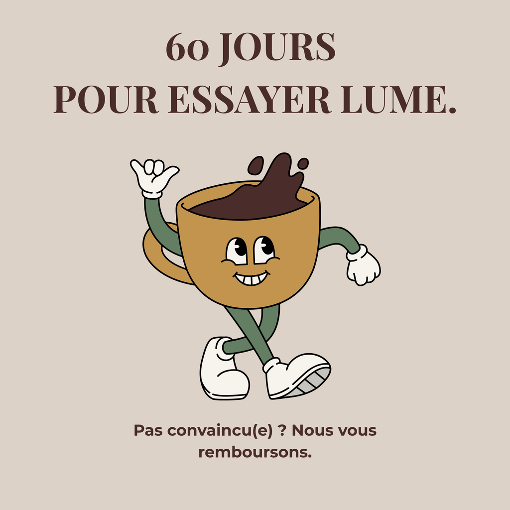 Illustration d’une tasse de café LUME souriante avec garantie satisfait ou remboursé pendant 60 jours.