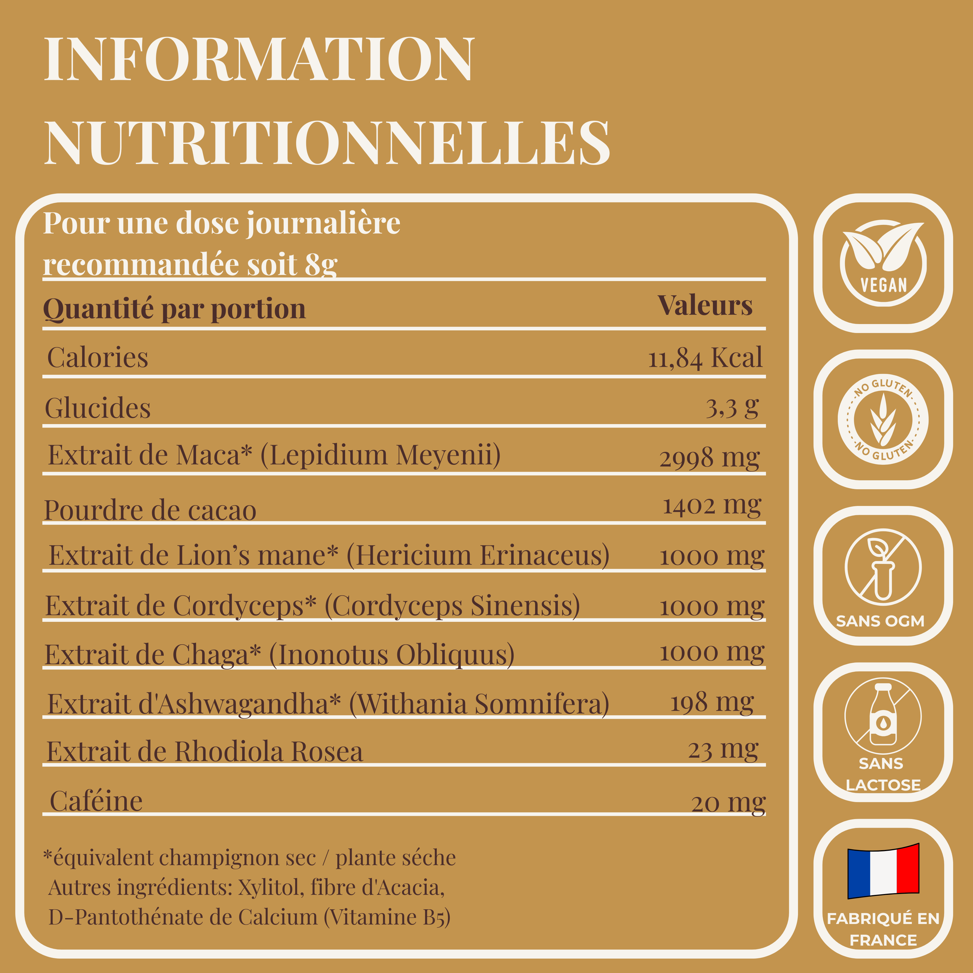 Valeurs nutritionnelles du café adaptogène LUME Aura Cacao au cacao et champignons adaptogènes