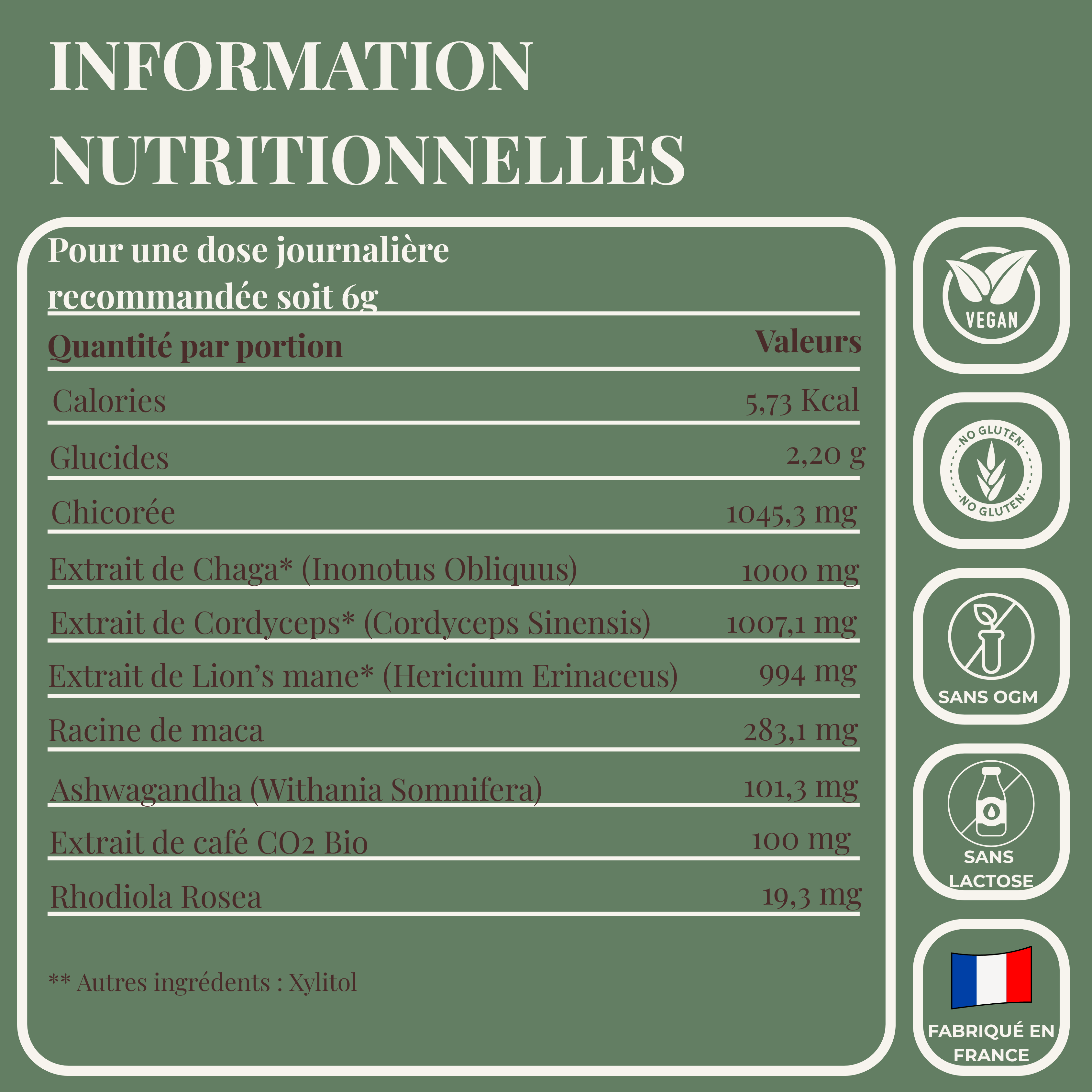 Valeurs nutritionnelles du café adaptogène LUME Aura Café au cacao et champignons adaptogènes