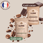 Pack café adaptogène LUME Aura saveur café et cacao avec grains de café, chocolat et mention fabriqué en France