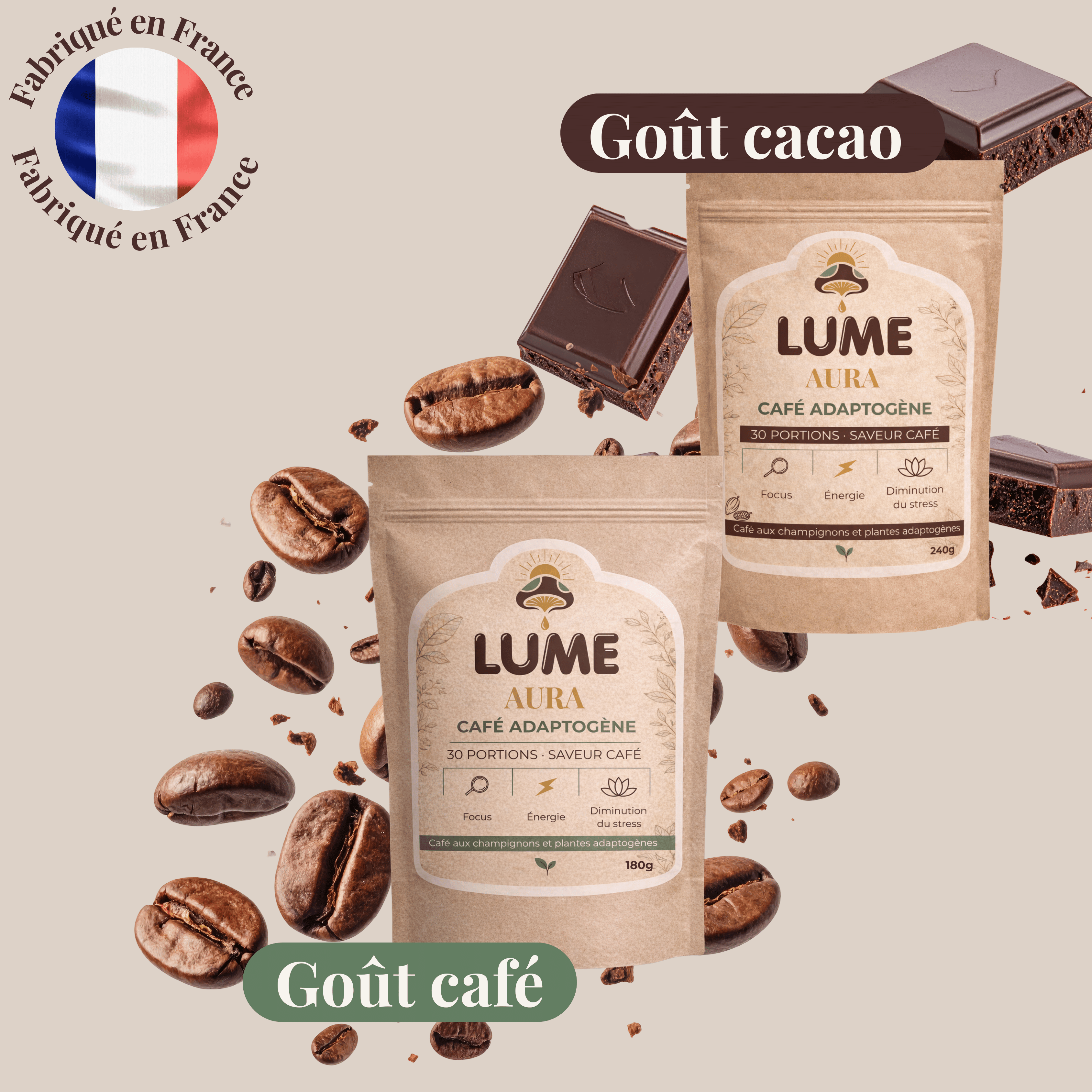 Pack café adaptogène LUME Aura saveur café et cacao avec grains de café, chocolat et mention fabriqué en France