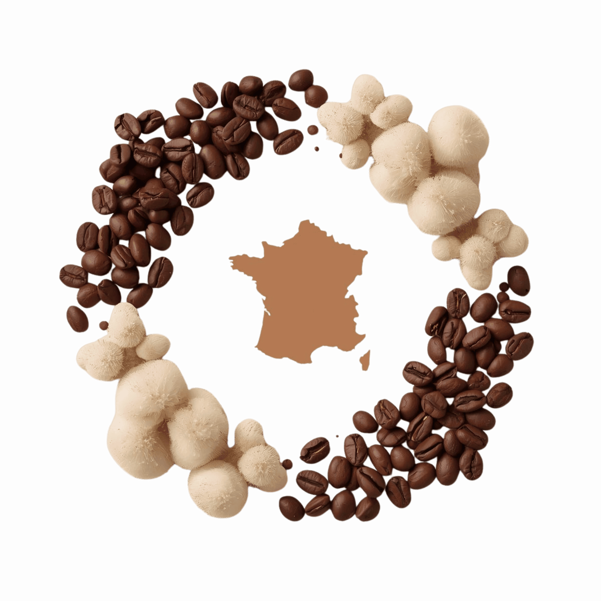 Illustration « Made in France » représentant des grains de café et des champignons adaptogènes autour de la carte de la France.