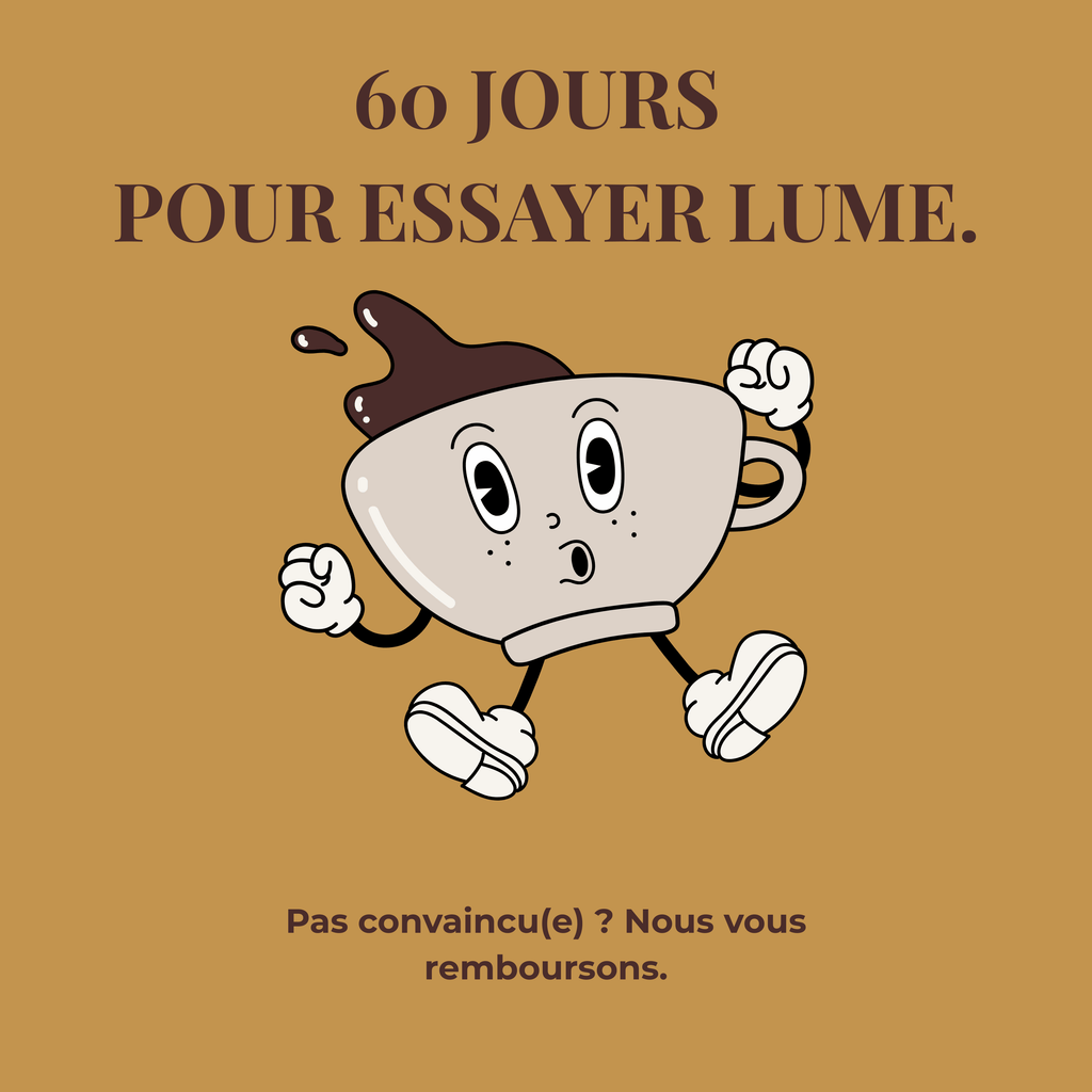 Illustration d’une tasse de café LUME souriante, garantie satisfait ou remboursé pendant 60 jours.